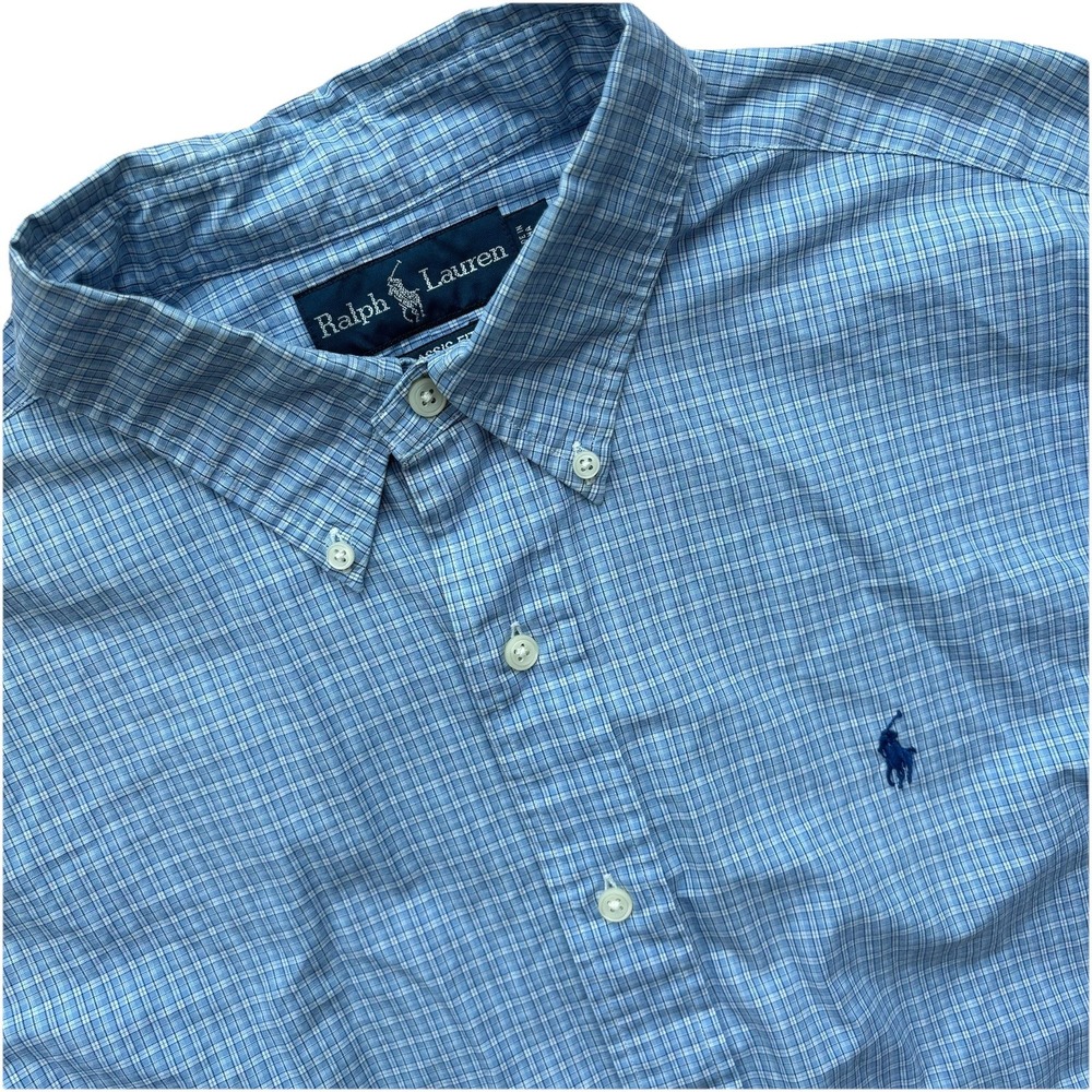 Mens Ralph Lauren Button Down Dress Shirt Blue‎ Checkered Horse Polo Logo Sz L